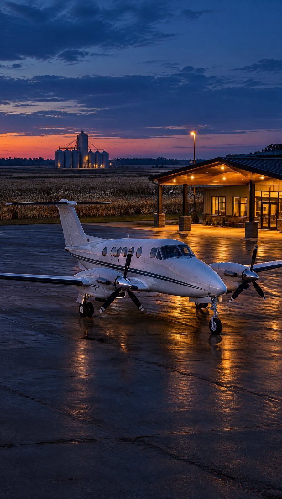 A turboprop on the ramp of a small airport among farmland at dusk, a lit arrival canopy beside it