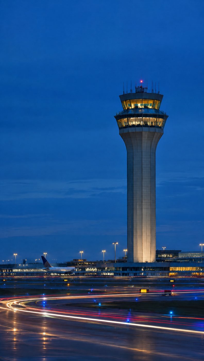 The O'Hare control tower at blue hour