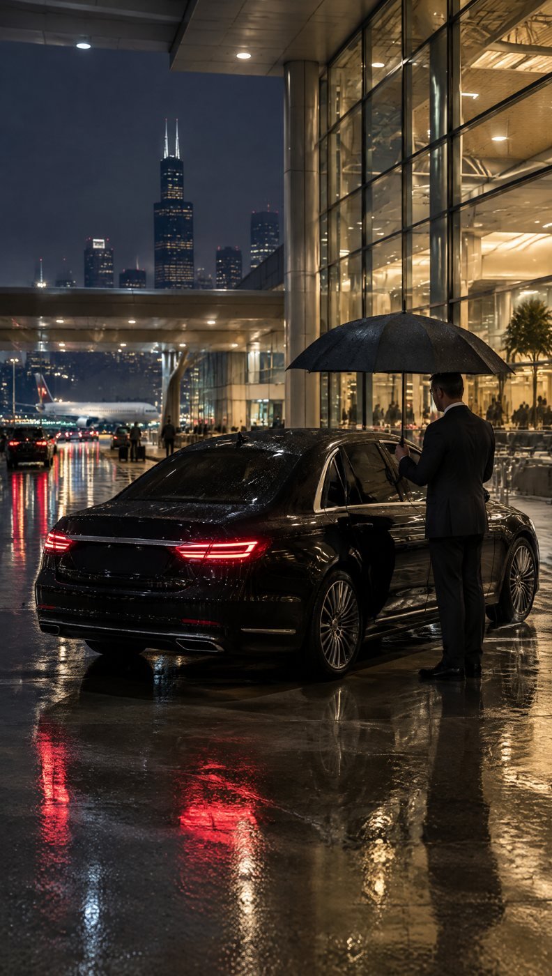 A chauffeur with an umbrella beside a black car waiting at the terminal curb at night