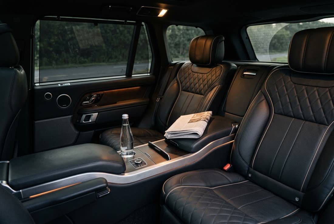 The rear cabin of a chauffeured car, seats empty and clean