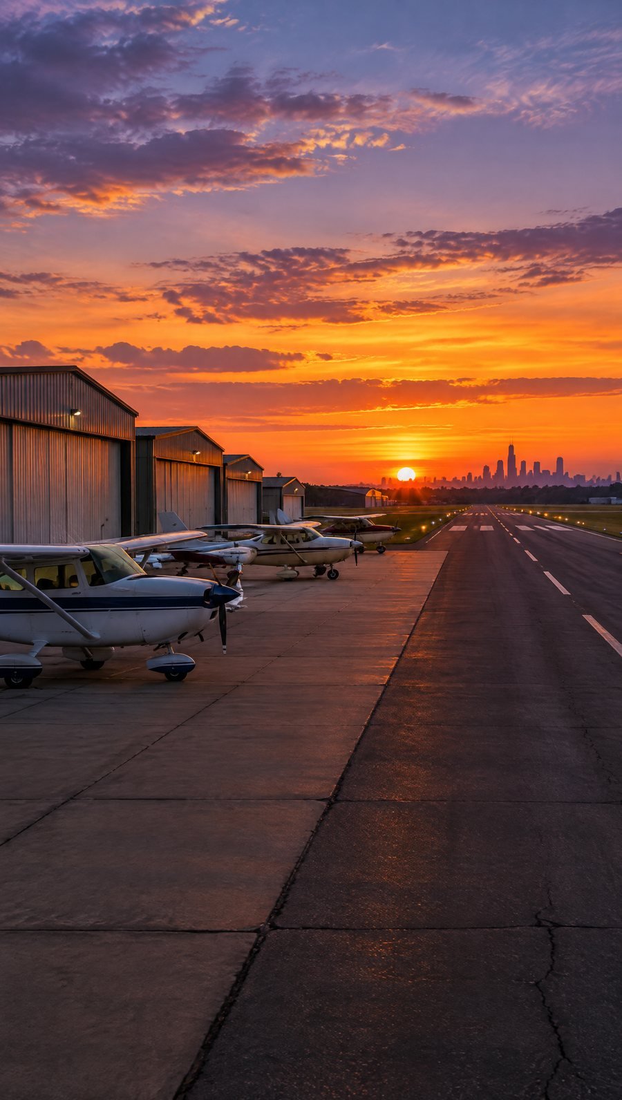 A small airfield at sunset with single-engine airplanes beside T-hangars