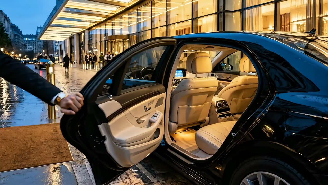 Standing at the curb as the rear door of a chauffeured sedan is opened under a lit canopy