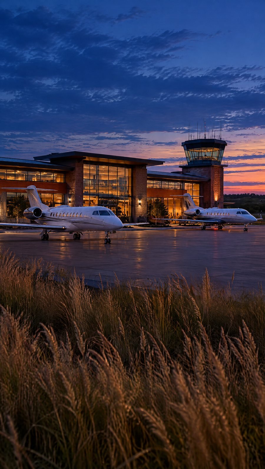 A prairie-style aviation terminal with a small control tower at dusk, business jets on the ramp