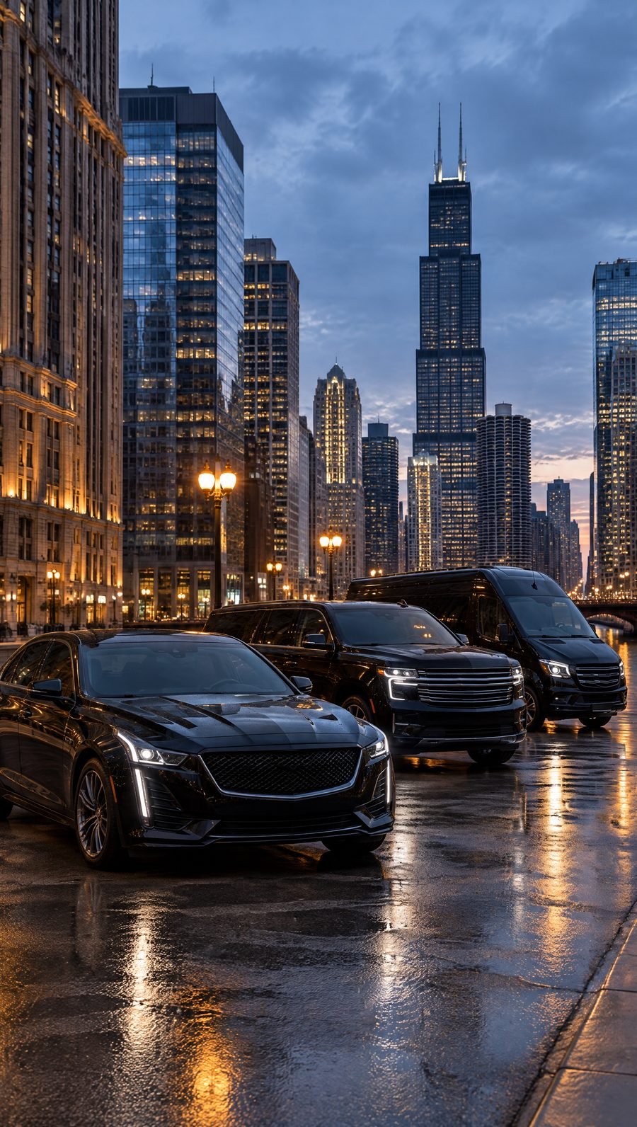 A black sedan, SUV and Sprinter van parked in a line on a wet Chicago street at dusk