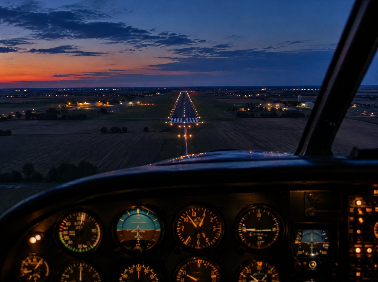 A cockpit view of a small aircraft on final approach at dusk to a lit runway