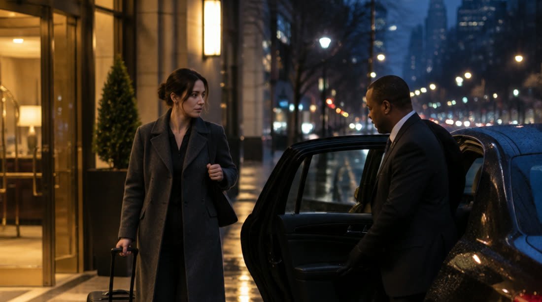 A traveler stepping out of a lit hotel entrance before dawn as a chauffeur holds the rear door of a waiting car