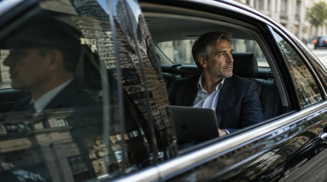 A passenger working on a laptop in the back seat of a chauffeured car while it waits
