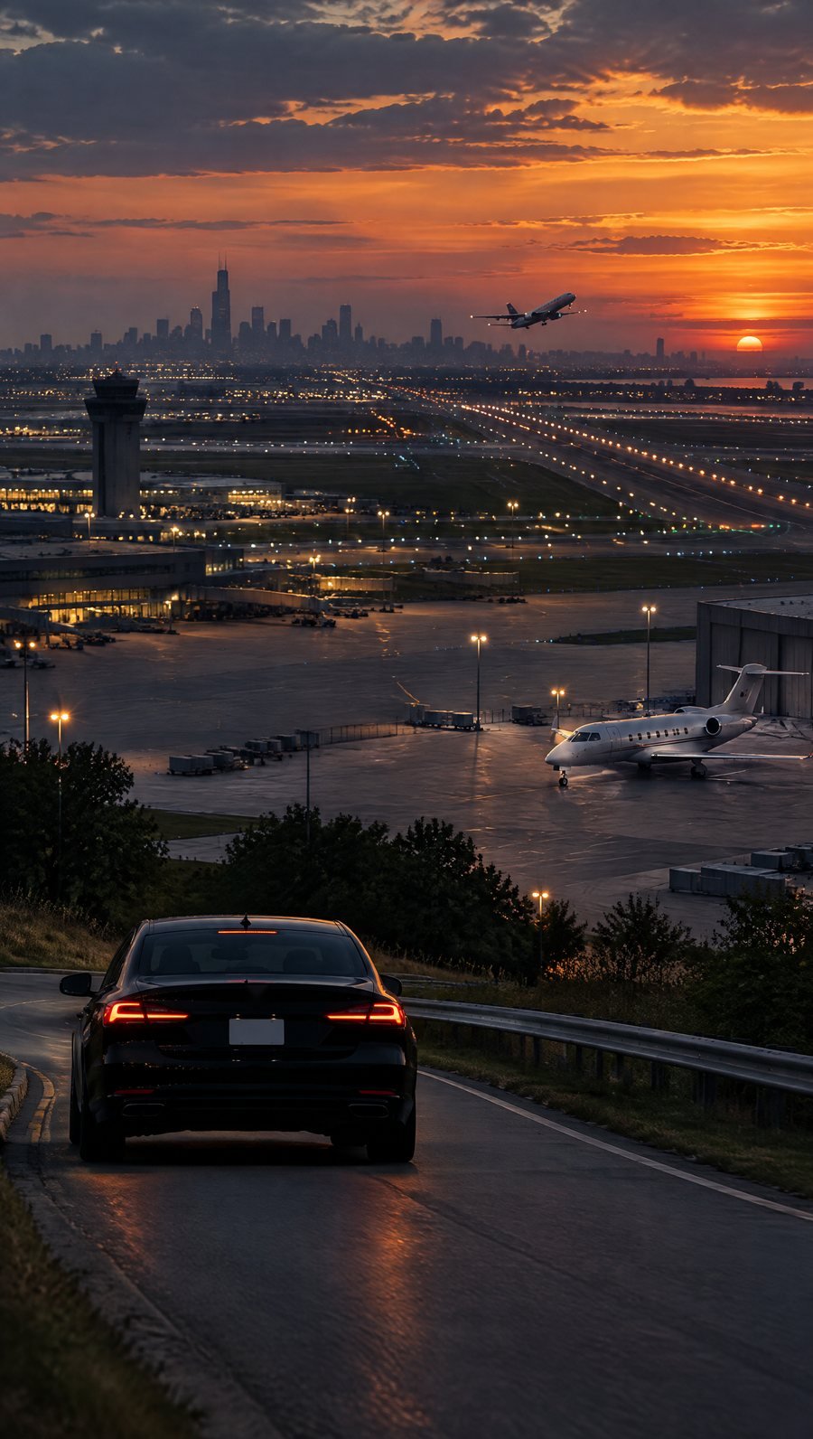 A black sedan on a road above a Chicago airport at dusk, a jet taking off beyond the runways