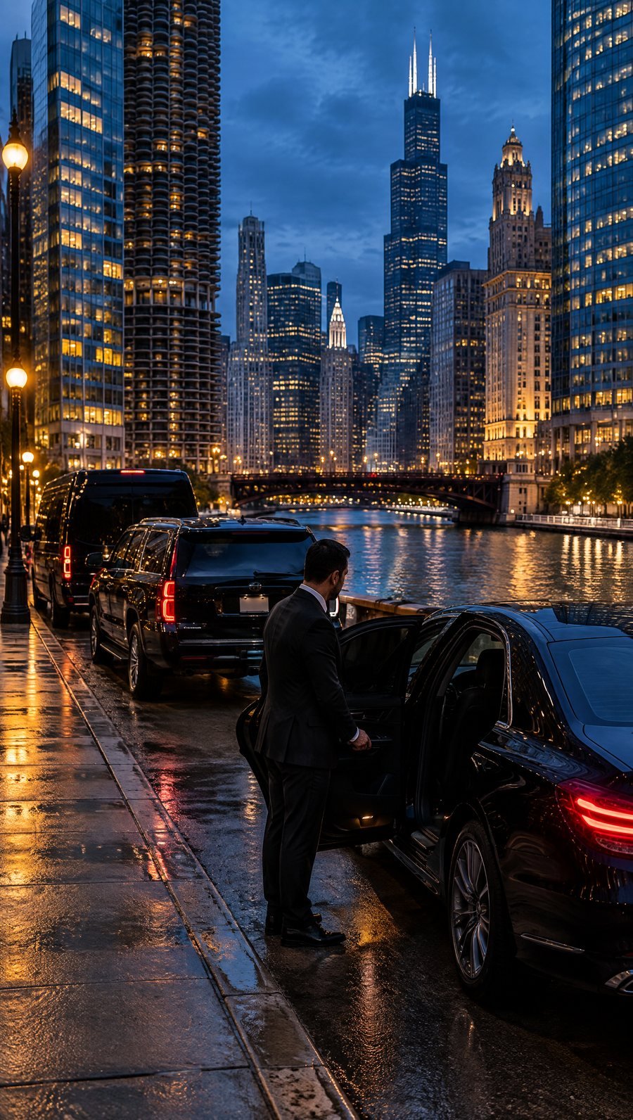 A chauffeur holding the door of a black sedan on Wacker Drive at dusk, an SUV and a van behind it