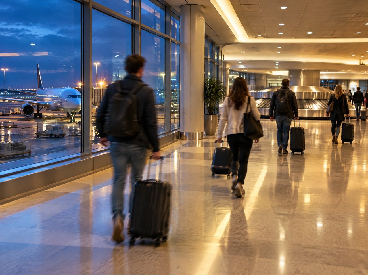 Travelers with rolling suitcases walking through an airport concourse at night