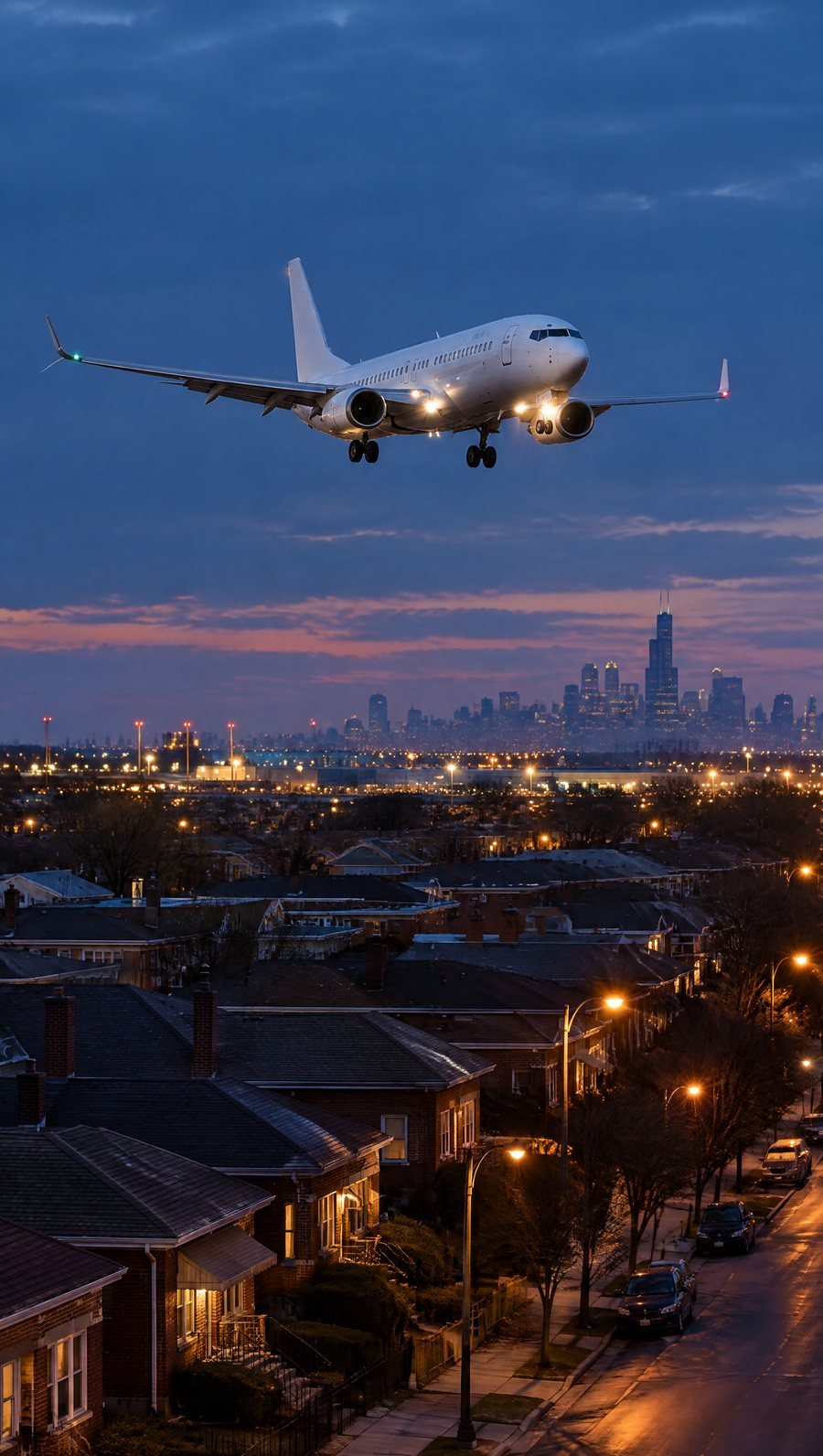 A passenger jet on final approach low over Chicago bungalow rooftops at dusk near Midway