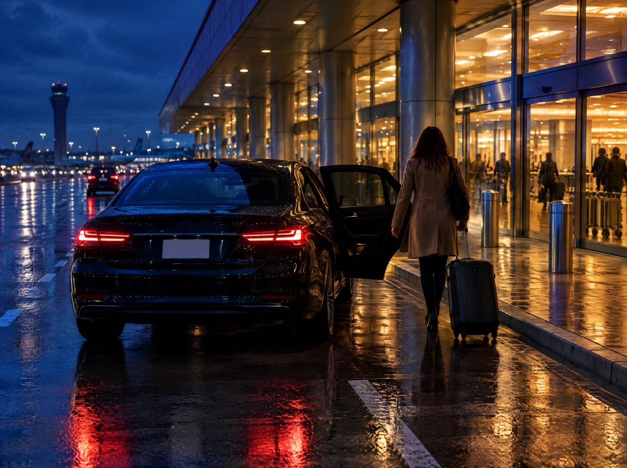A black sedan at a terminal's lower-level curb at night as a traveler walks to the door