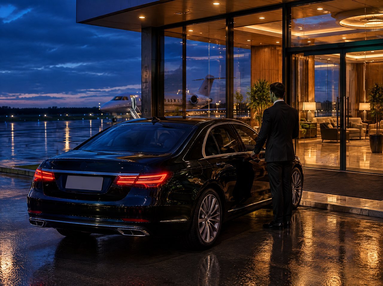 A black sedan waiting outside the glass entrance of a private jet terminal at night