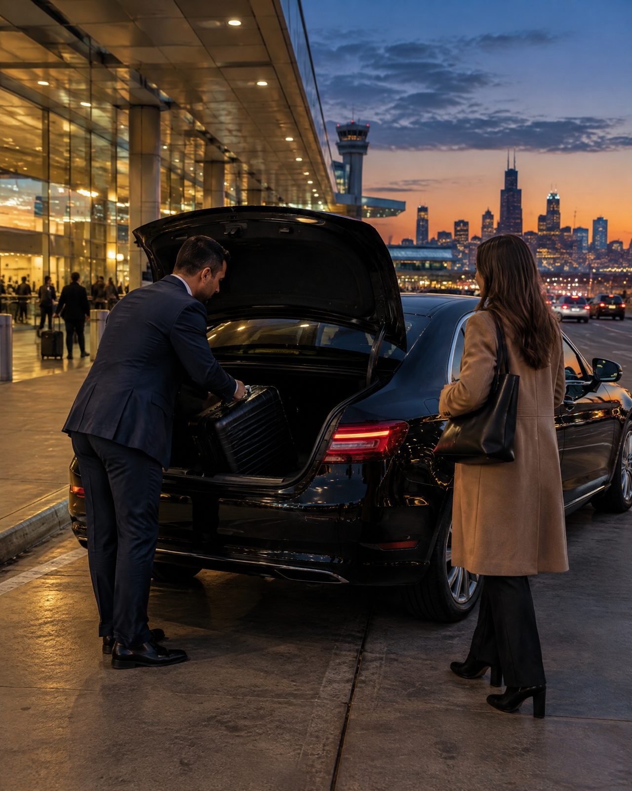 A chauffeur lifting a traveler's suitcase into a black sedan at the terminal curb