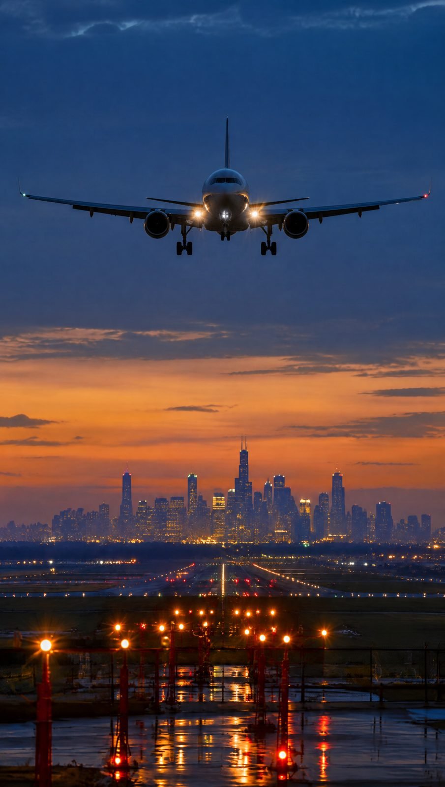 A passenger jet on final approach over Chicago at dusk