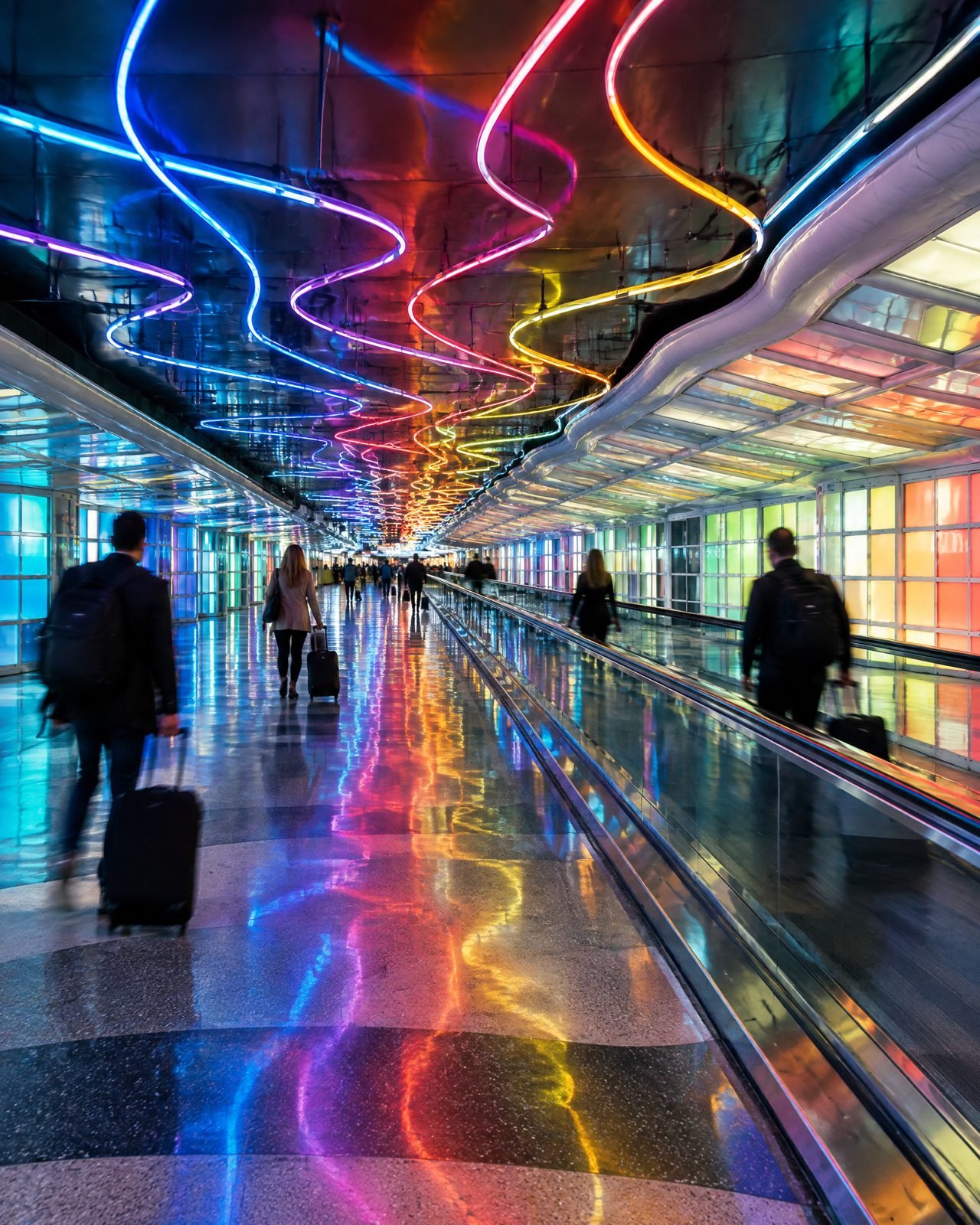 The neon-lit walkway under O'Hare Terminal 1, travelers walking with their bags
