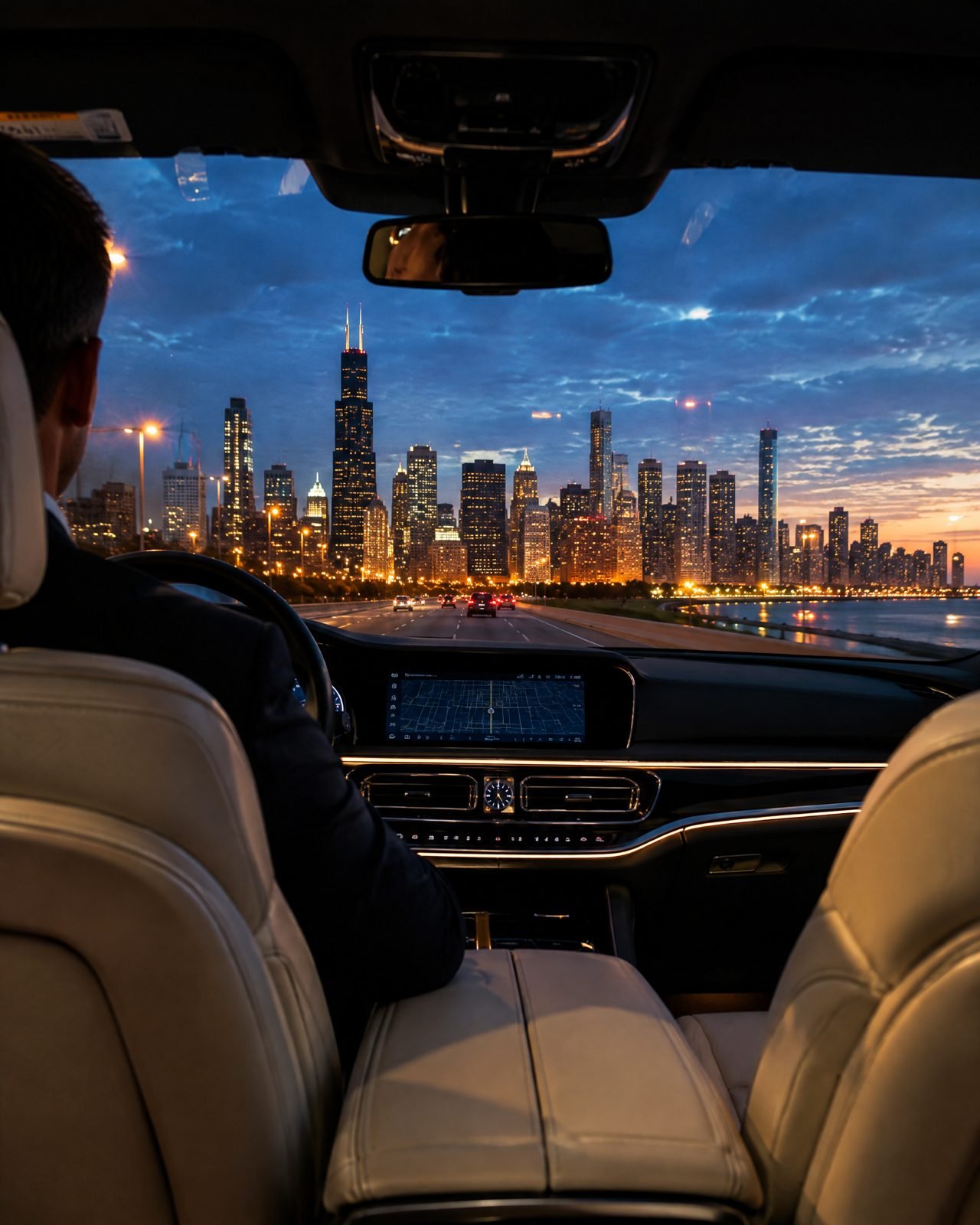 The view from the back seat toward the Chicago skyline at dusk