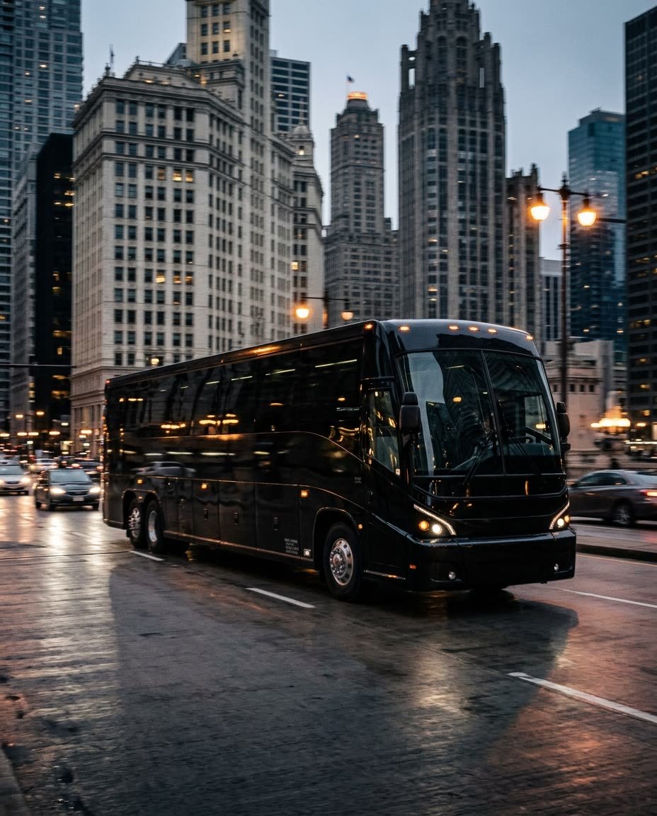 Executive coach moving through Chicago at dusk