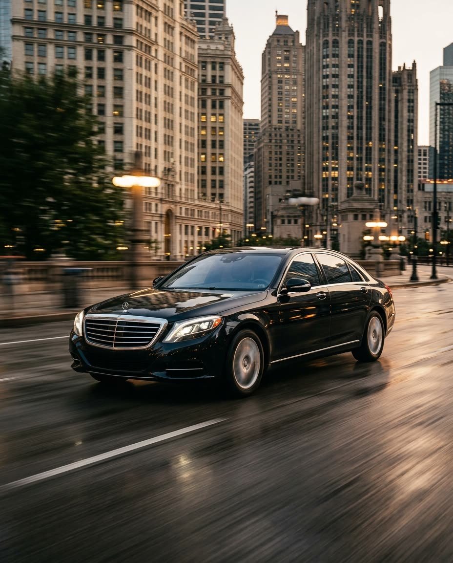 Premium sedan moving through Chicago at dusk
