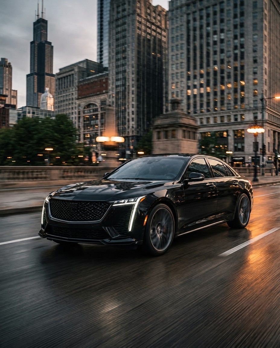 Executive sedan moving through Chicago at dusk