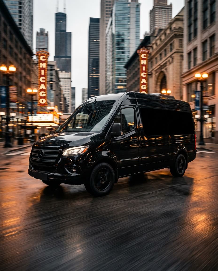 An executive Sprinter van moving through Chicago at dusk
