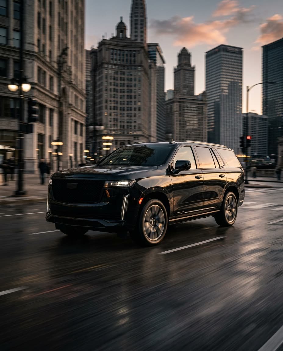 Premium SUV moving through Chicago at dusk