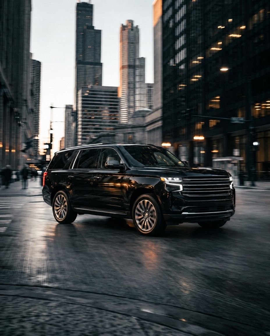 Luxury SUV moving through Chicago at dusk