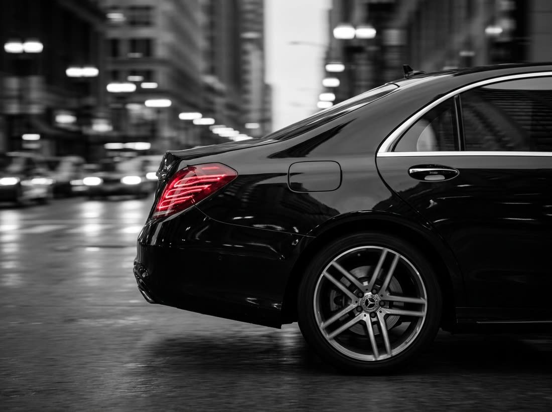 A close crop of the rear quarter and tail light of a black chauffeured car in motion