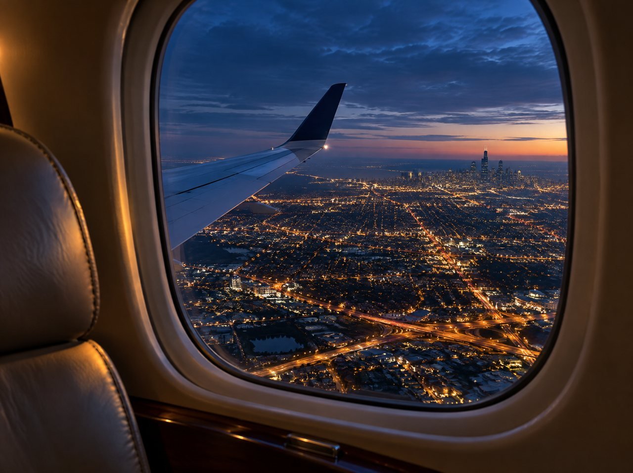 The view from a business jet window at dusk over the lit Chicago suburbs