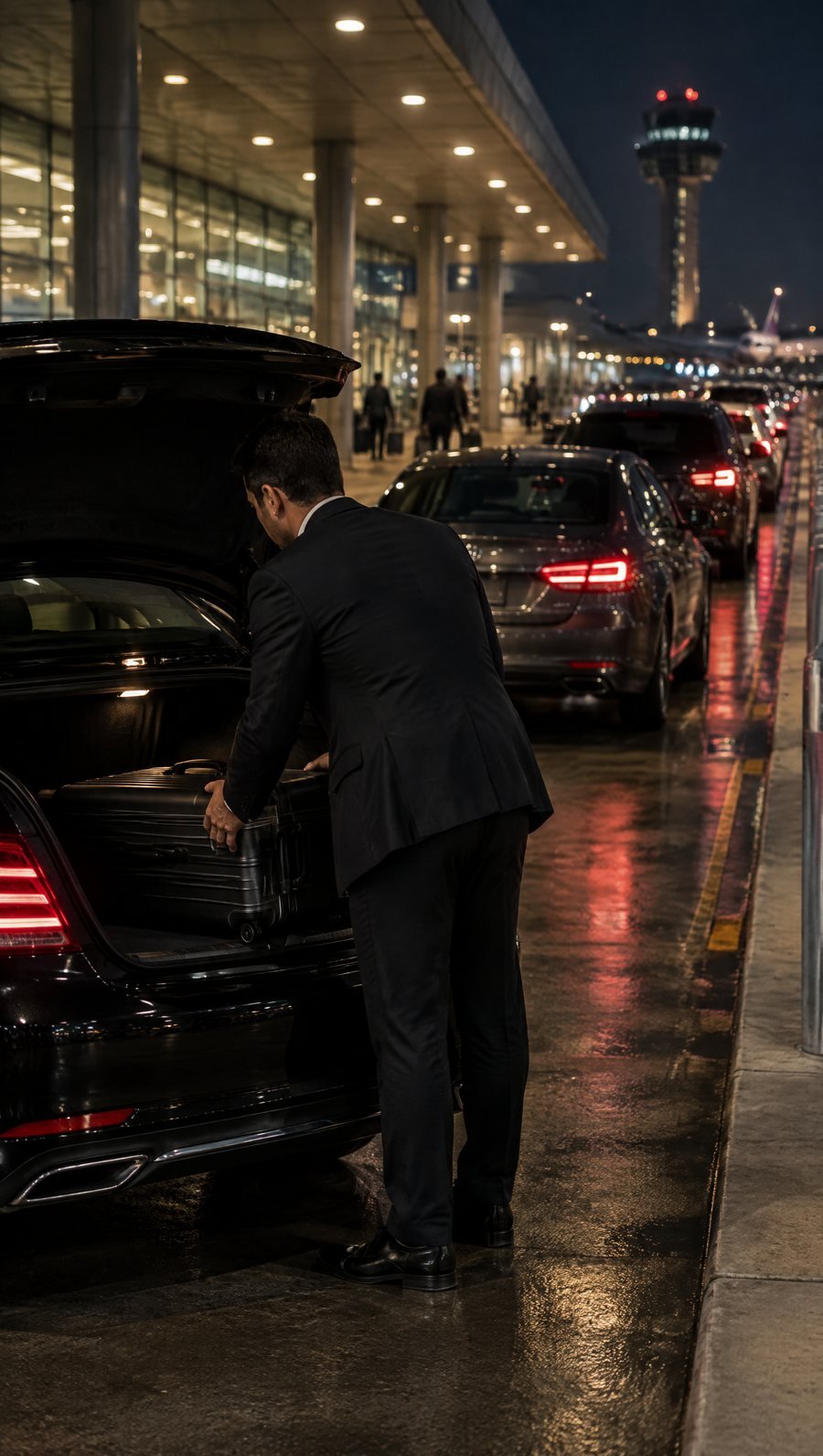 A chauffeur loading a suitcase into the trunk of a black sedan at an airport arrivals curb at night