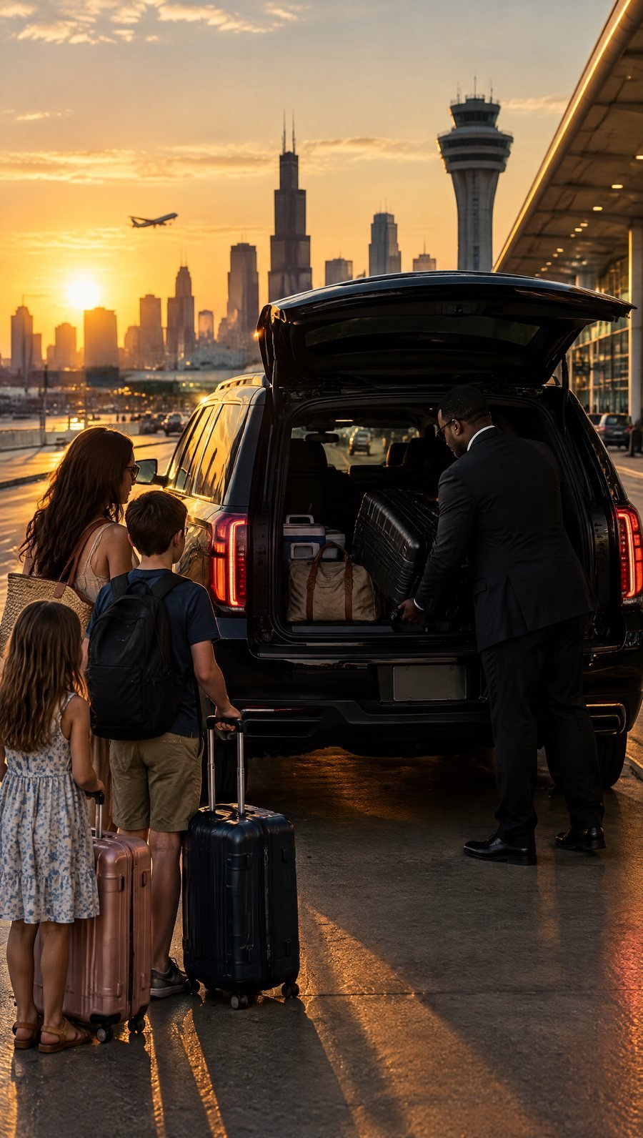 A chauffeur loading a family's luggage into a black SUV at an airport curb on a summer evening