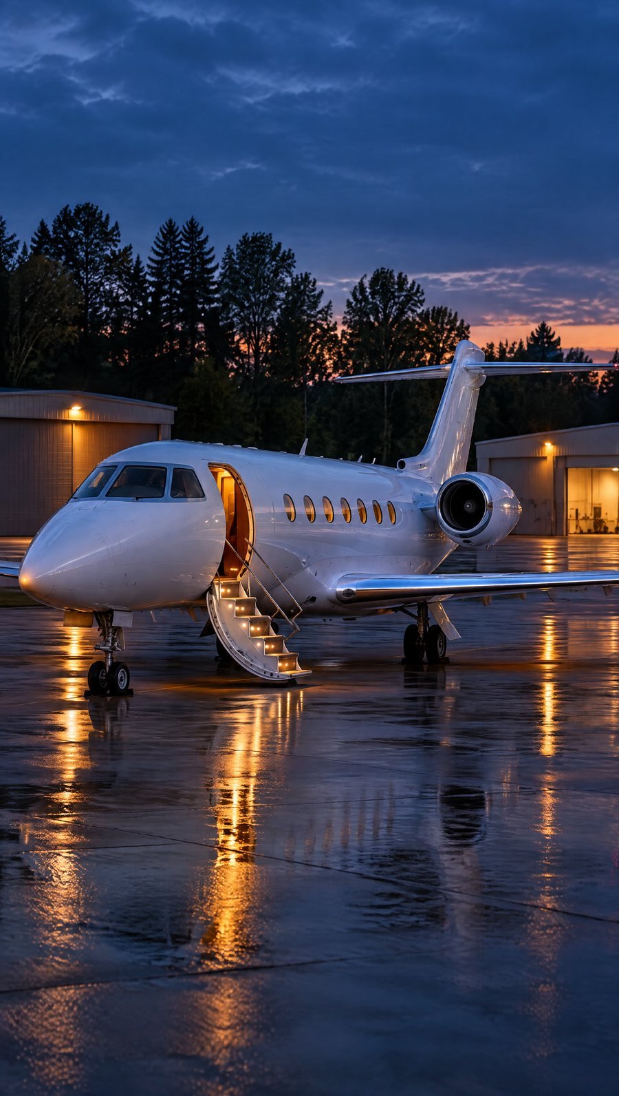 A business jet with its airstair down on a quiet suburban airport ramp at dusk, trees behind