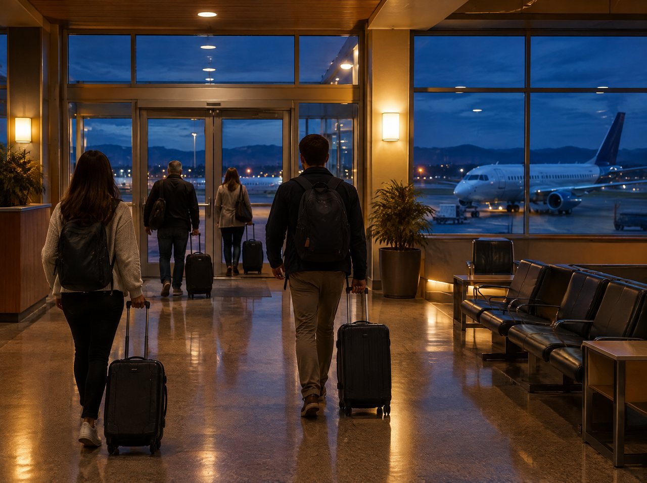 Passengers with carry-on bags walking through a small airport terminal at night toward the exit