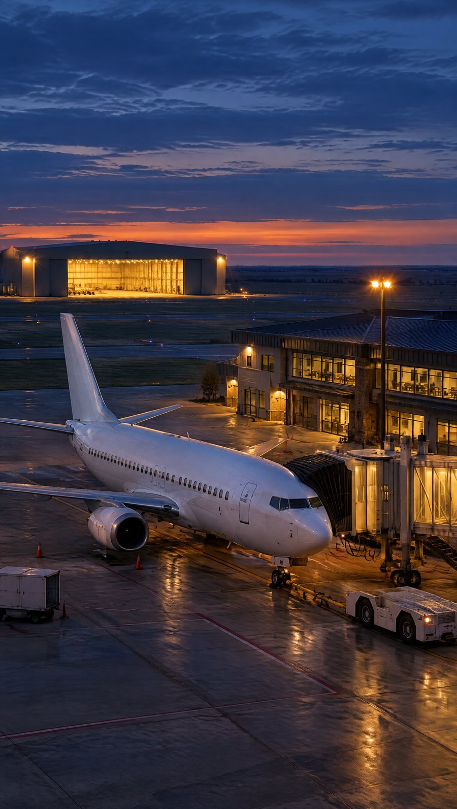 A passenger jet at a small regional airport terminal at dusk, a large cargo hangar glowing behind