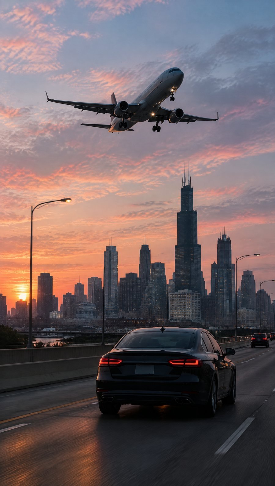 A black car on an expressway at dawn as a jet passes overhead
