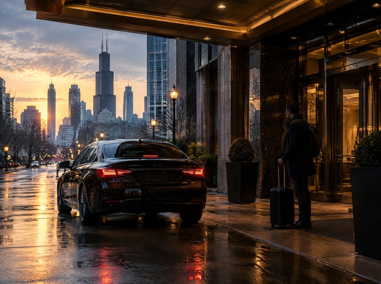 A black sedan arriving at a hotel entrance at dawn