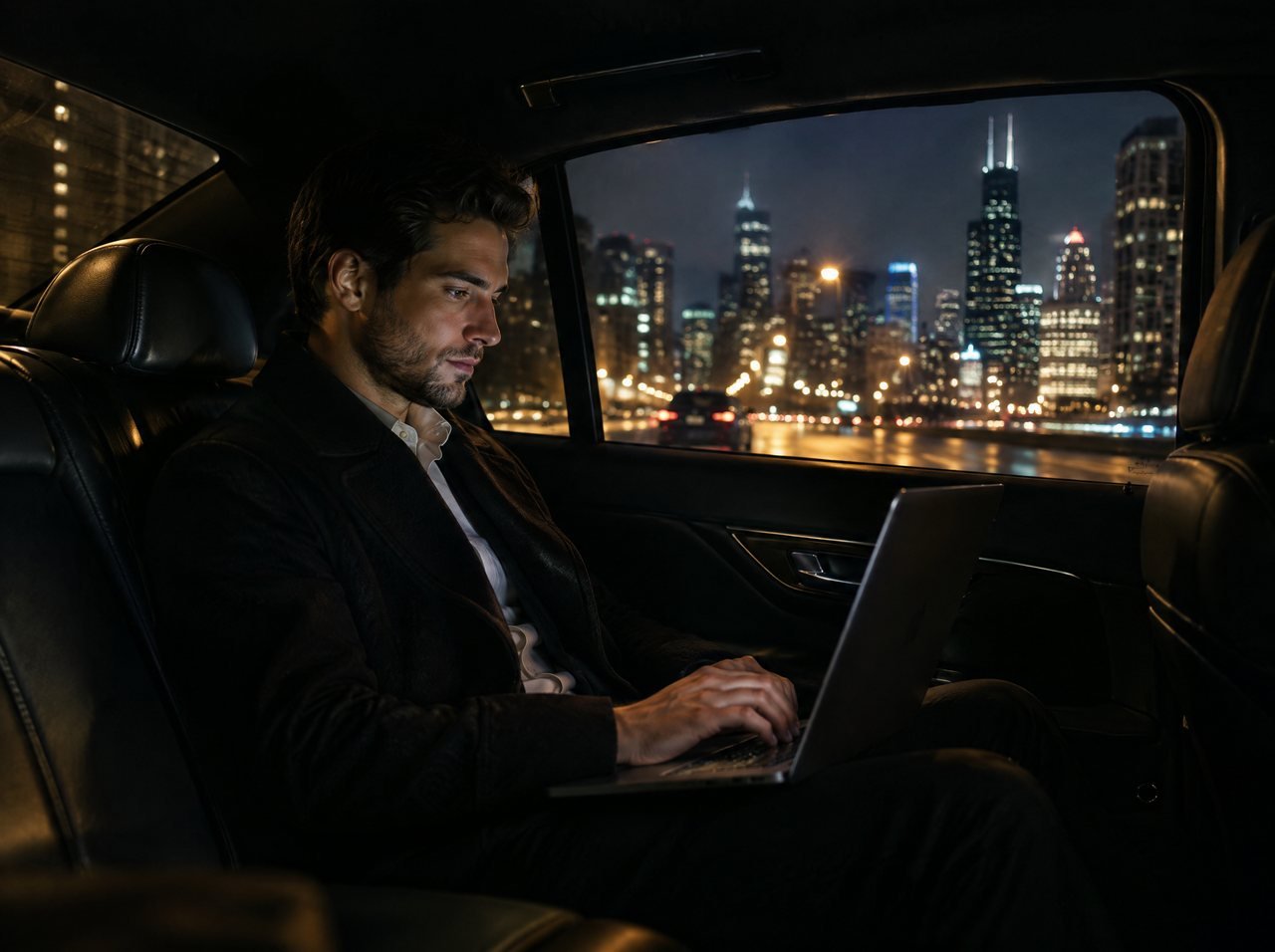 A passenger working quietly in the back seat of a black car at night