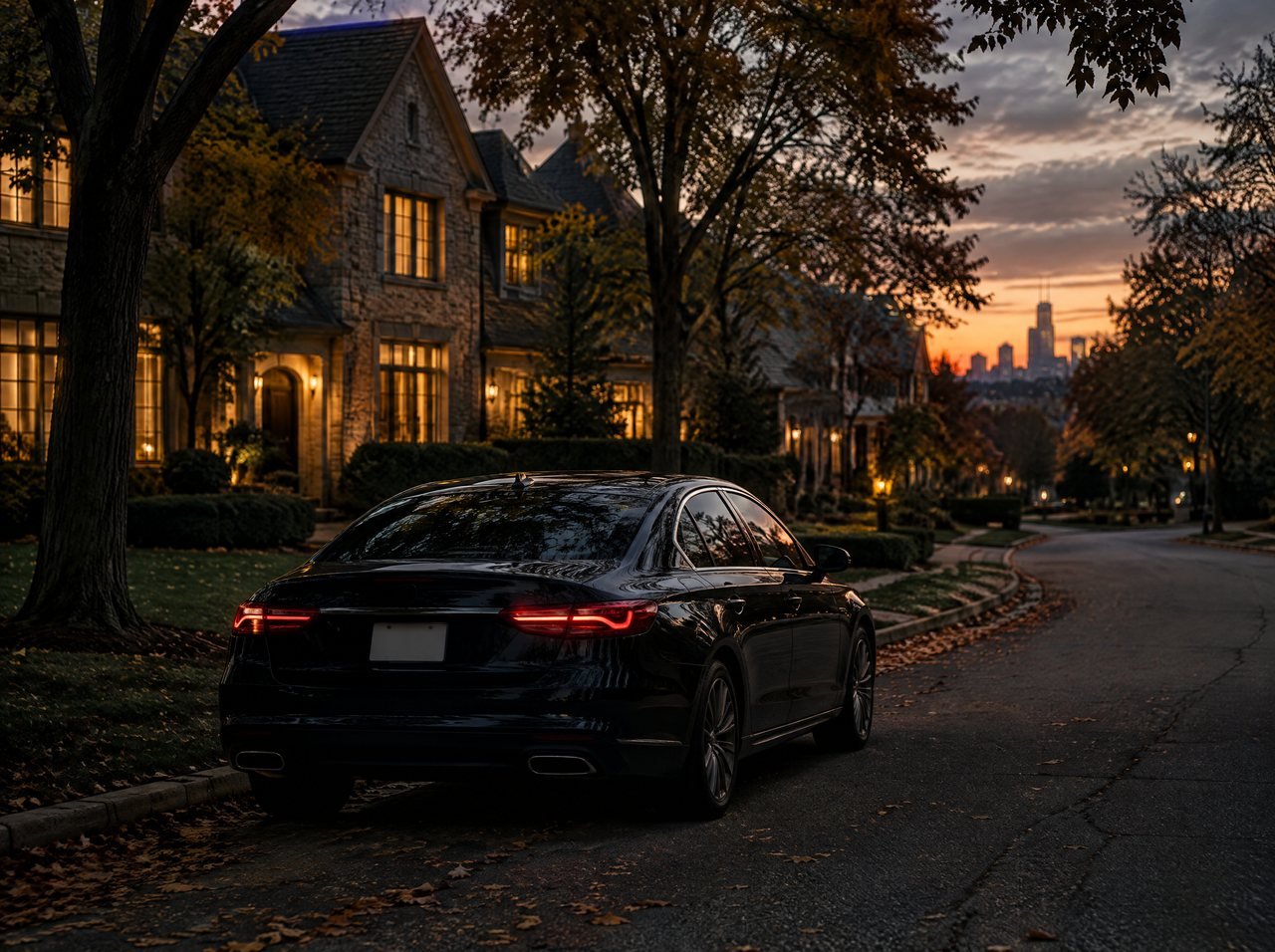 A black sedan on a tree-lined suburban drive at dusk