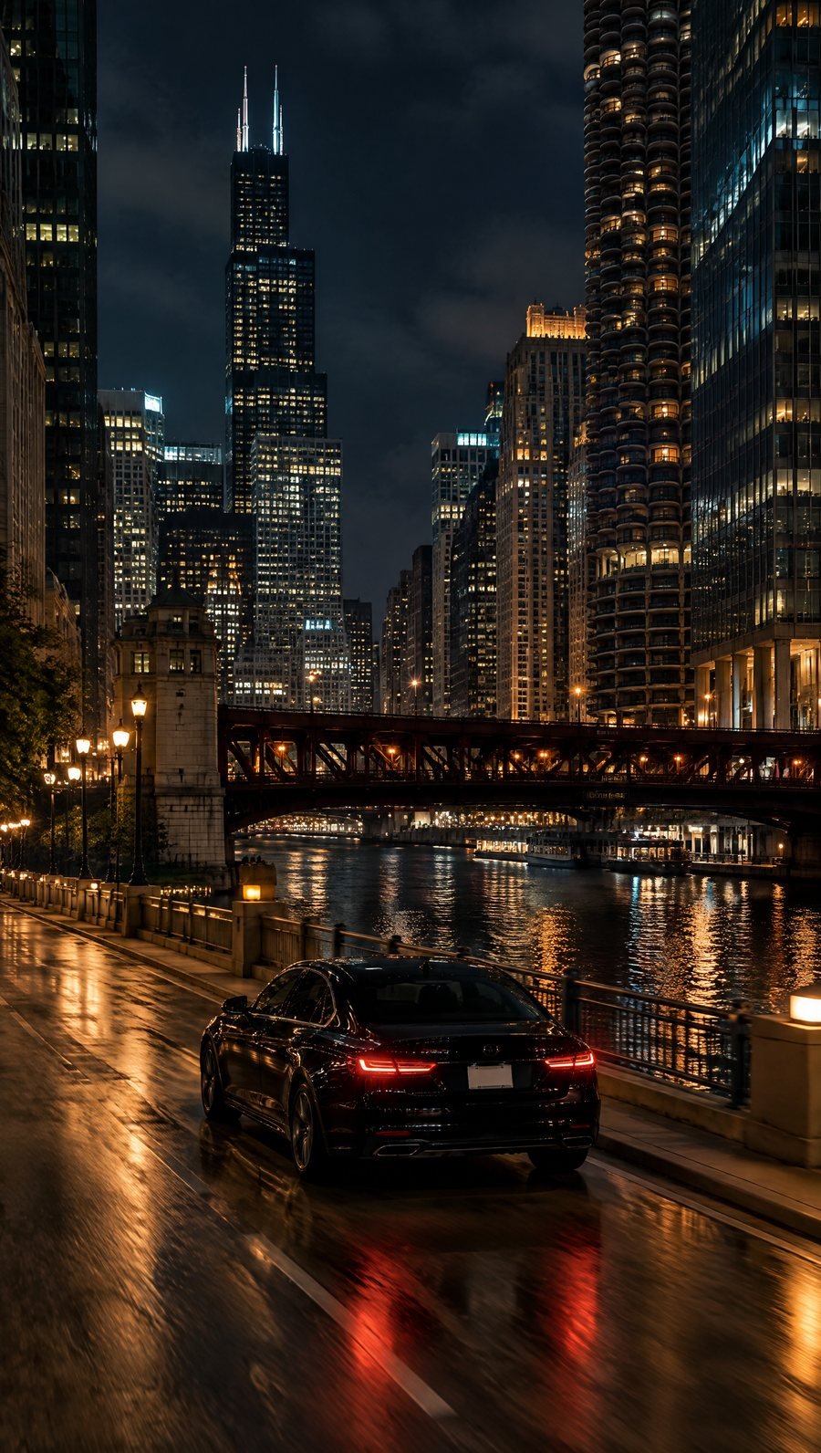 A black sedan gliding along the Chicago River at night