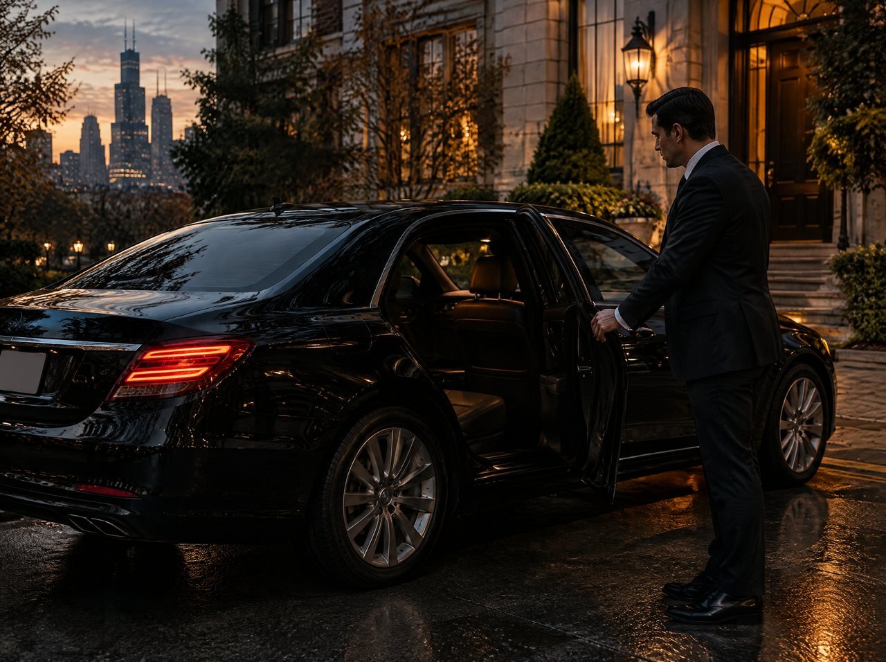 A chauffeur in a dark suit holding the rear door of a black car at a residence