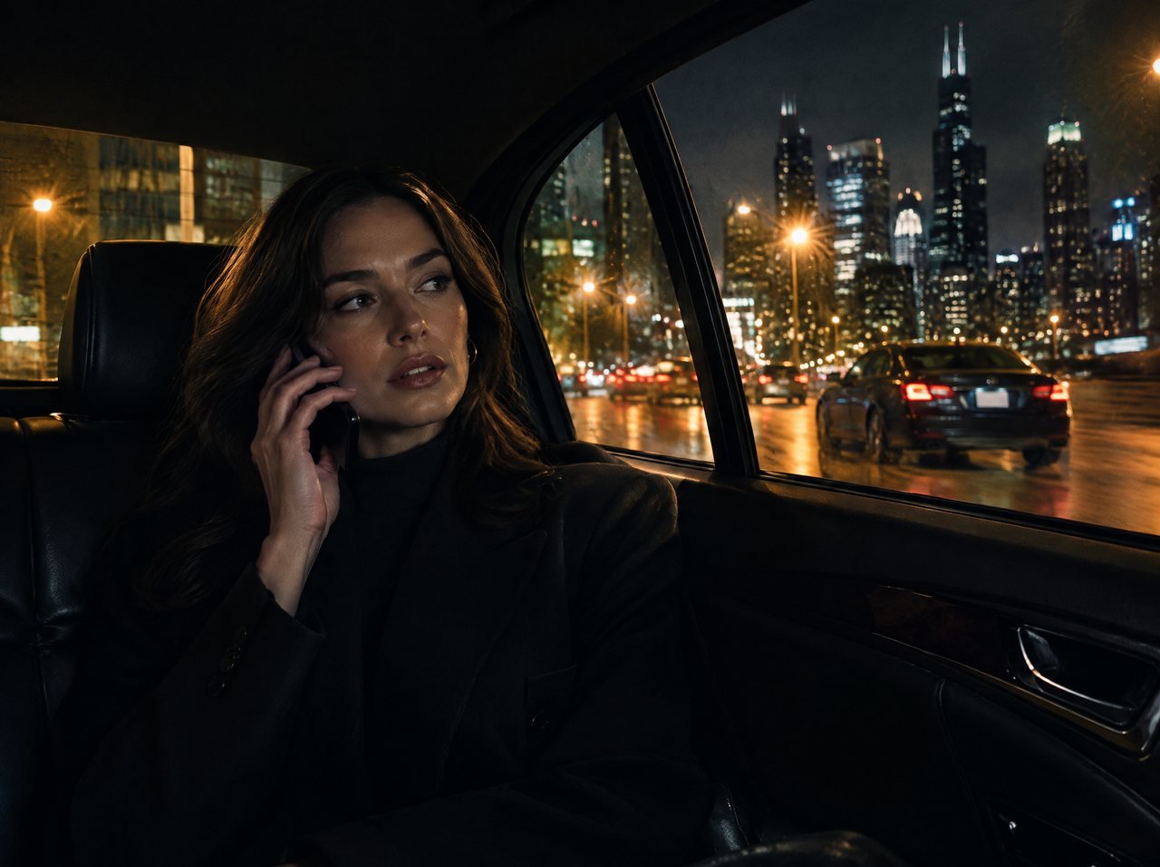 A passenger on a phone call in the back of a black car, city lights outside