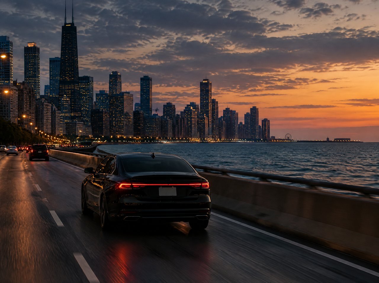 A black car on Lake Shore Drive at dusk with the skyline beside it