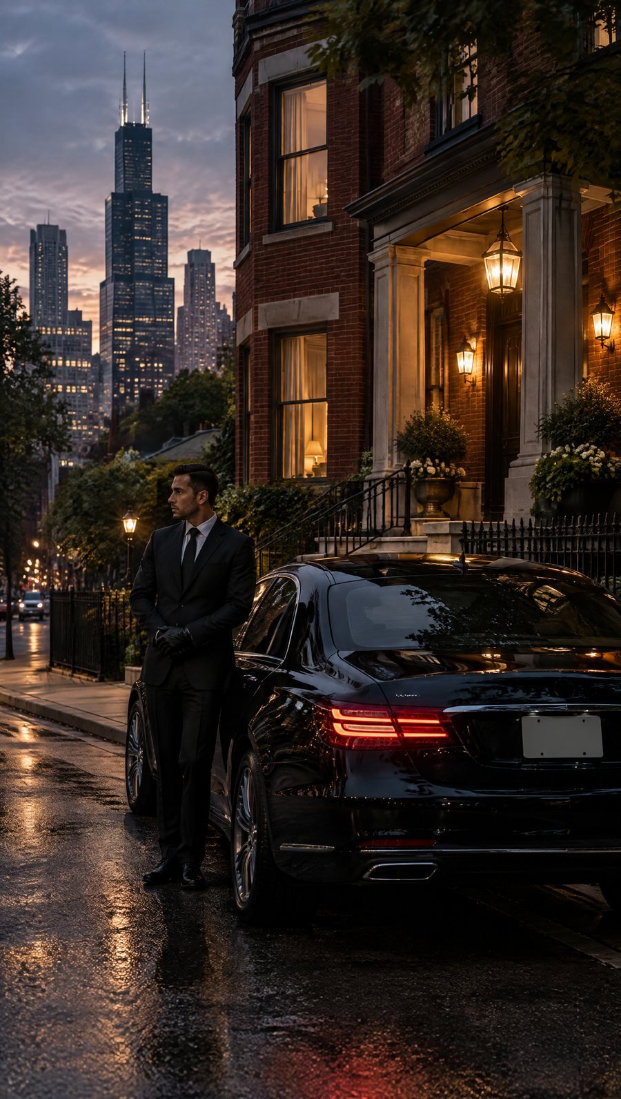 A chauffeur waiting beside a black car outside a residence at dusk