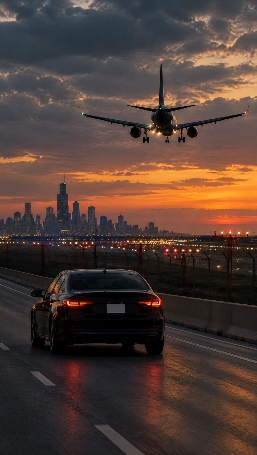 A black sedan on an airport approach road at dusk with a jet overhead