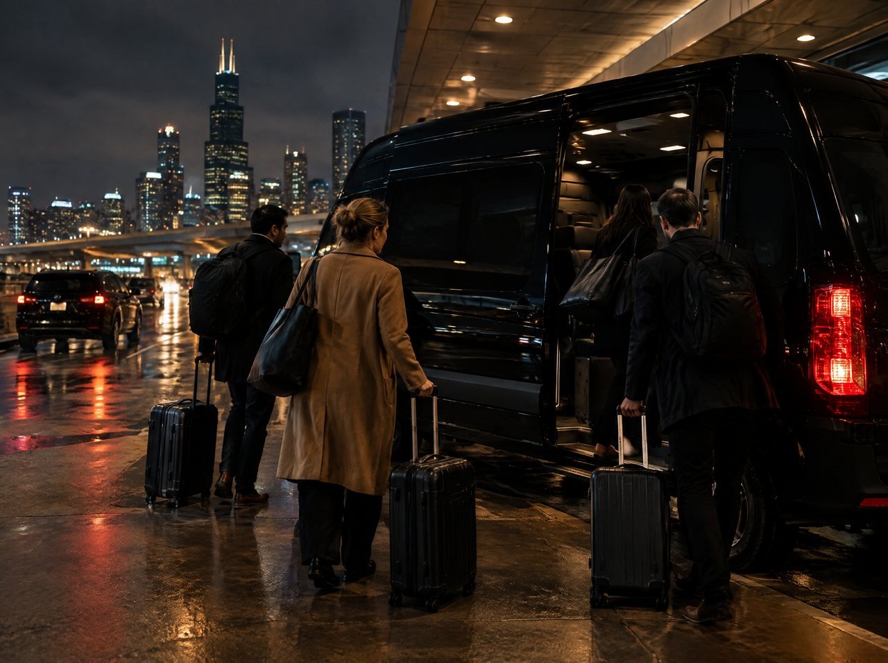 A group of travelers boarding a black van at an airport curb