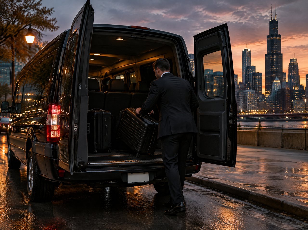 A chauffeur loading suitcases into the back of a black van at dusk