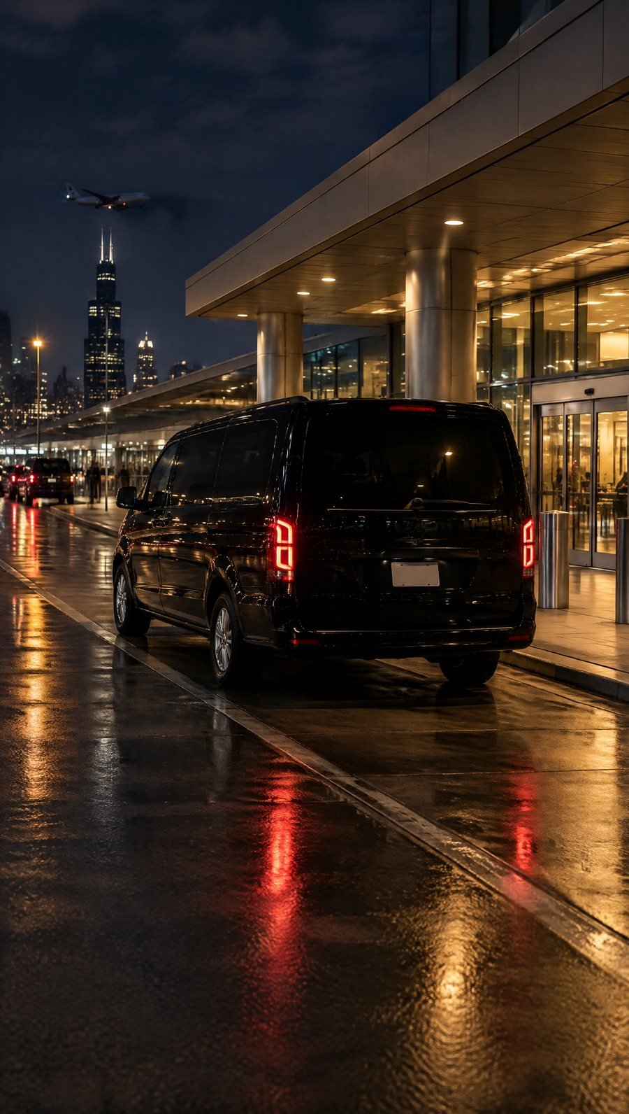 A black van waiting at an airport terminal curb at night