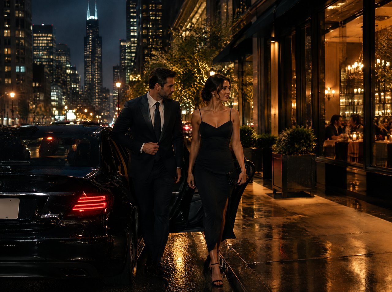 A couple stepping out of a black car for dinner downtown at night