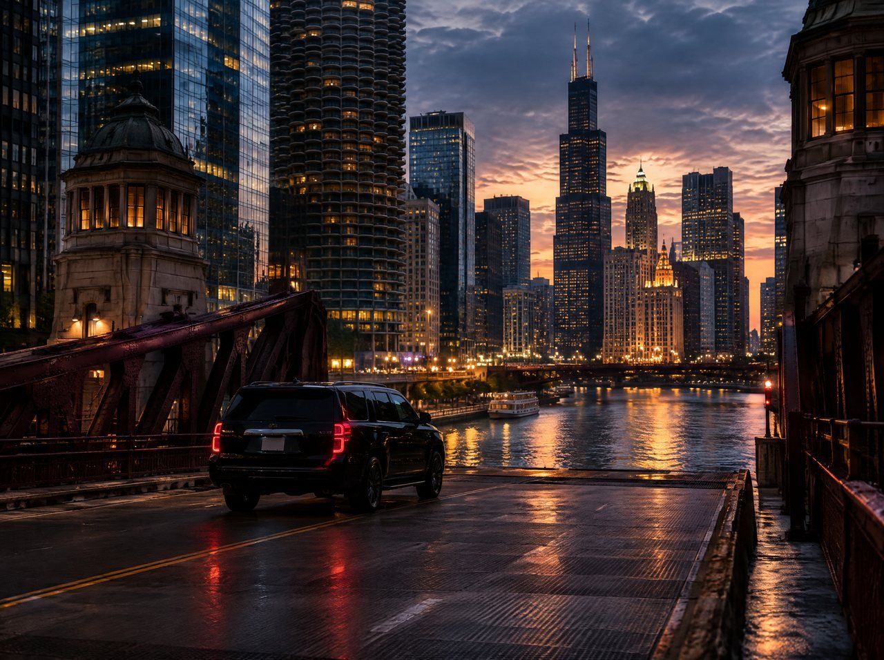 A black SUV crossing a Chicago River bridge at dusk