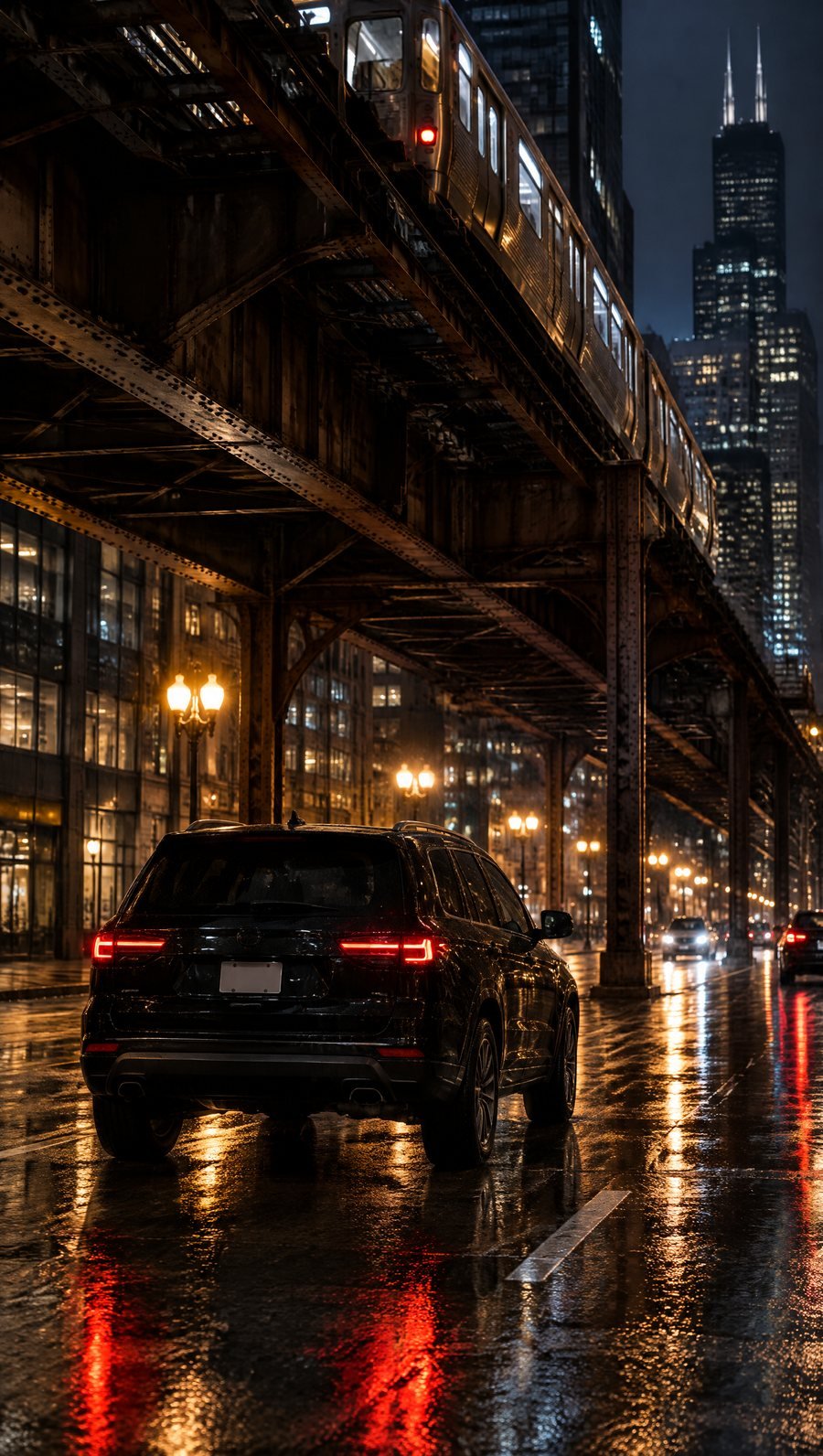 A black SUV under the lit elevated train tracks in the Loop at night